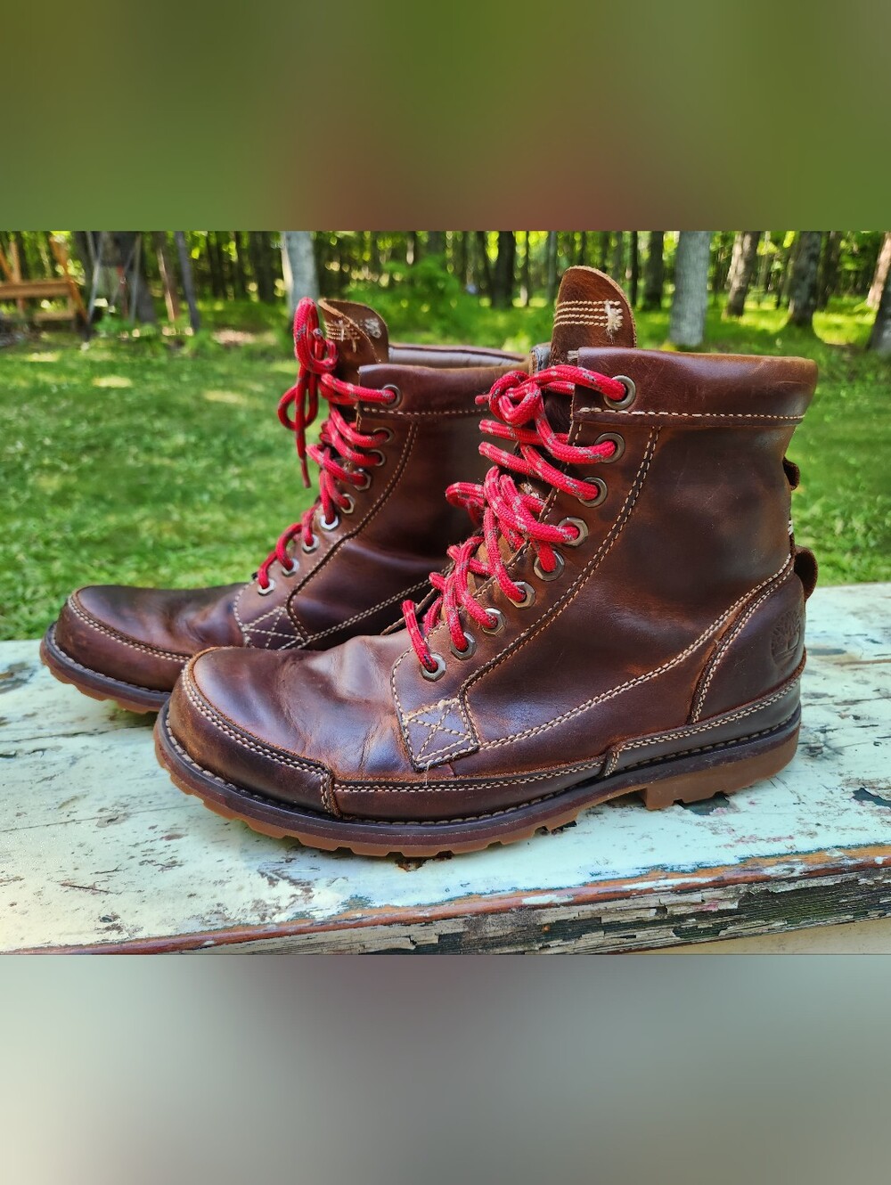 Timberland Brown Leather Men’s Lace-Up Work Boots with Red Laces, Size 11